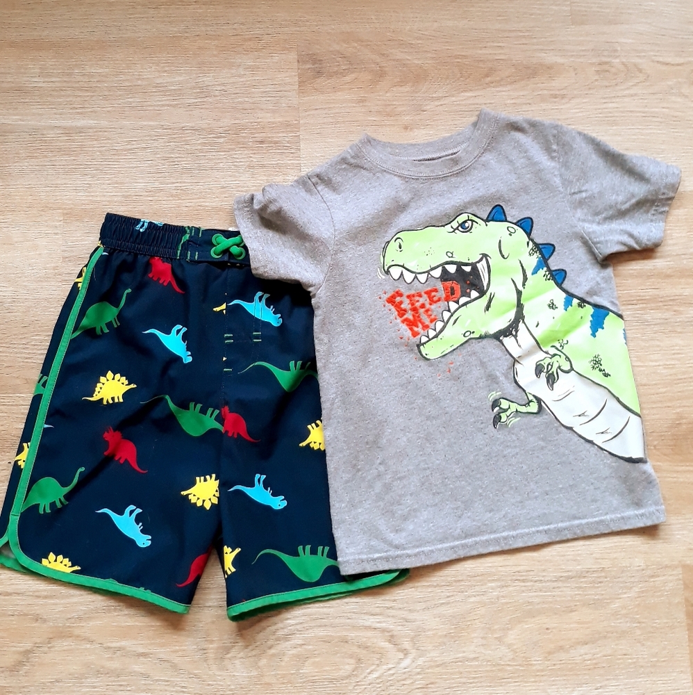 Boy's Blue Dinosaur Swim Trunks + T Rex T-Shirt Size 4T / Toddler Beach Outfit